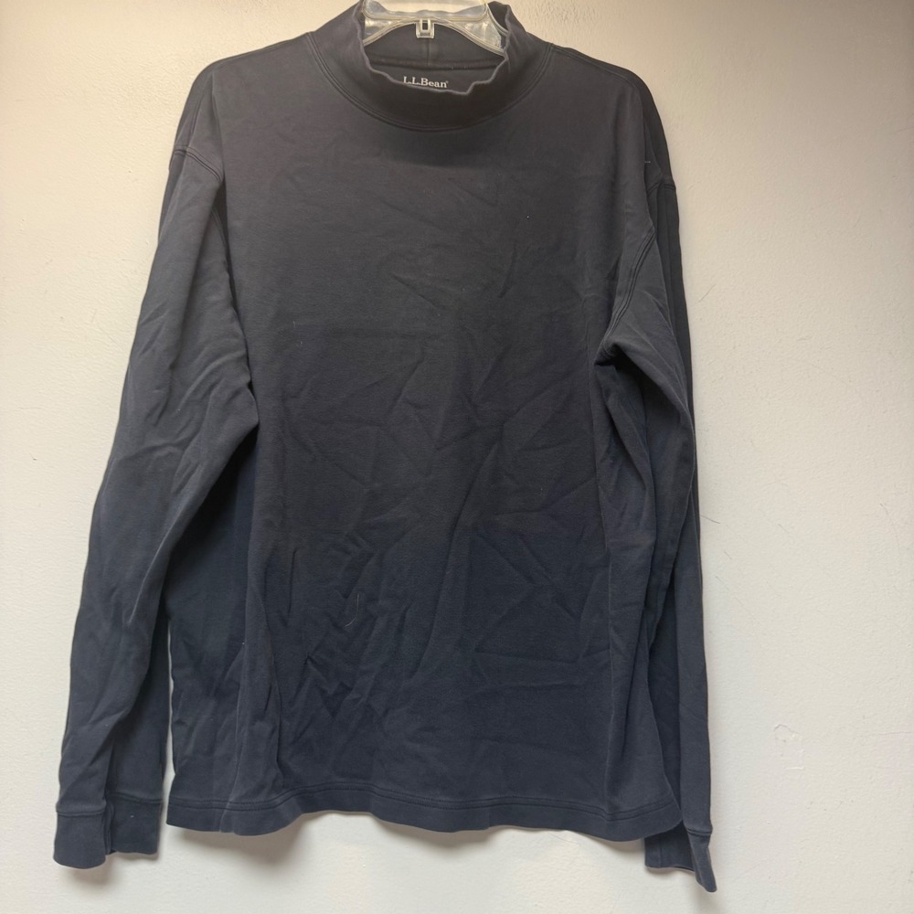 LL Bean Mock Neck Shirt Mens Large Navy Blue Excellent Cotton Long Sleeve 13477